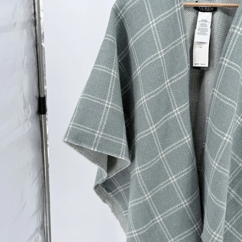 NEW Lauren Ralph Lauren Herringbone Windowpane Reversible Ruana Poncho Cape Wrap